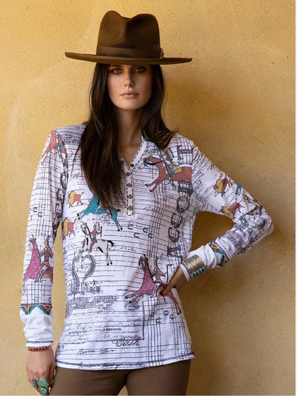 Double D Ranch Stockman’s Bill of Sale Ledger Art Western Henley Top Tee Shirt - Picture 3 of 11